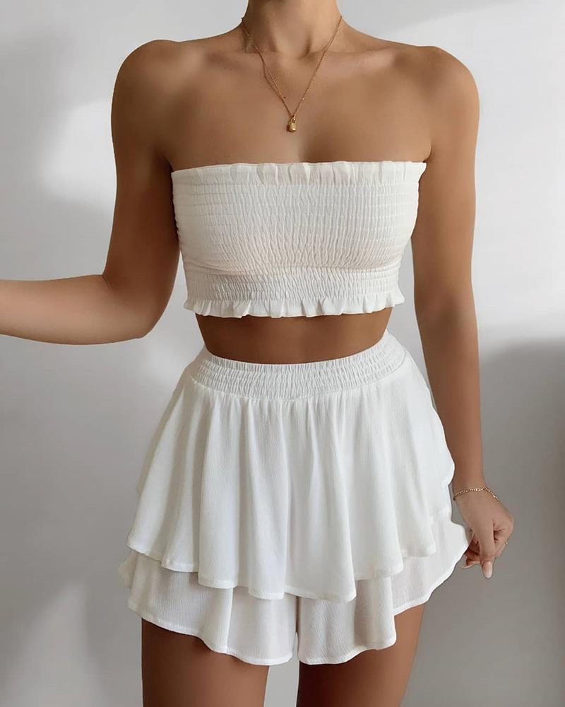 White Bandeau Frill Hem Top With Mini Skirt Set – ShObO
