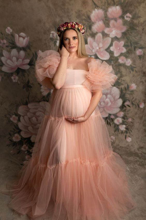 Peach Net Ruffled Maternity Gown – ShObO