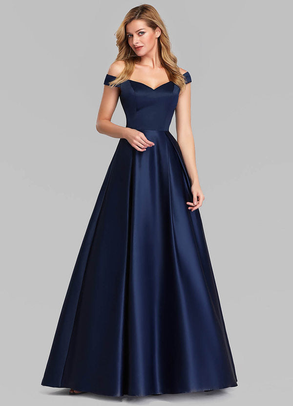 Navy Off-Shoulder Satin Ball Gown – ShObO