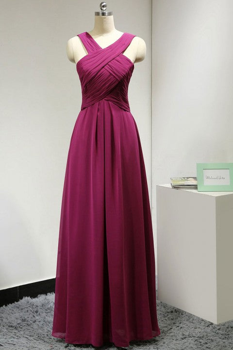 Burgundy Criss Cross Halter Long Pleated Bridesmaid Dress ShObO