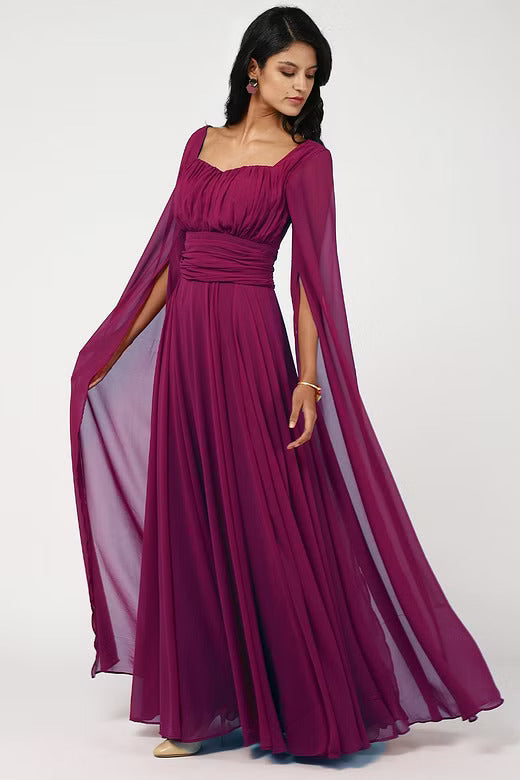 Wine ruched draped chiffon hot sale dress