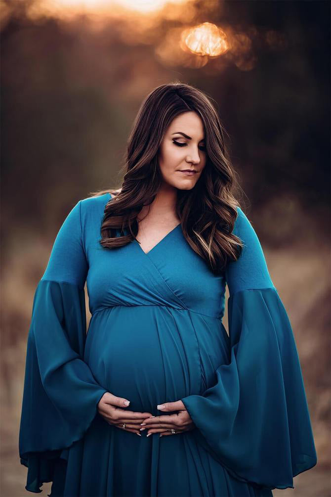 Petrol Green V Neck Extra Flared Maternity Photoshoot Gown – ShObO