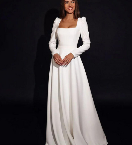 White Square Neck Puff Sleeves Maxi Gown