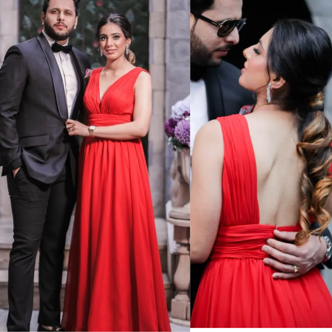 Red V Neck Ruched Backless Pre-Wedding Gown