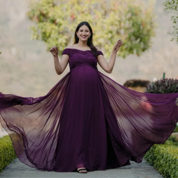 Plum Layered Ruched Off-Shoulder Maternity Gown