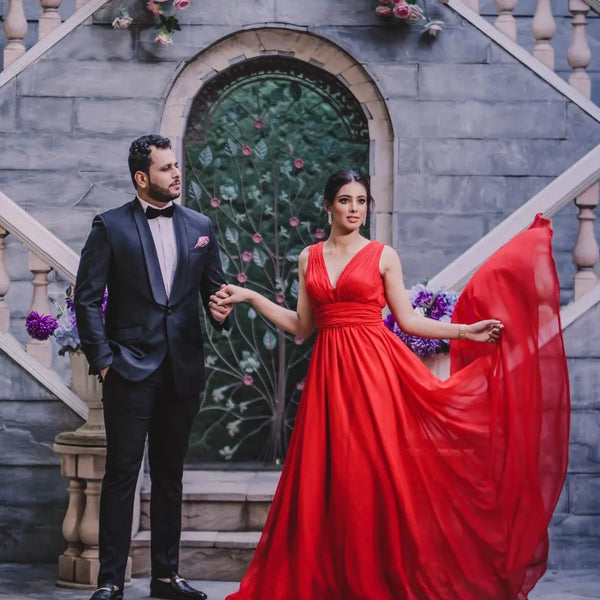 Red V Neck Ruched Backless Pre-Wedding Gown