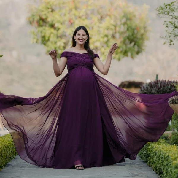 Plum Layered Ruched Off-Shoulder Maternity Gown