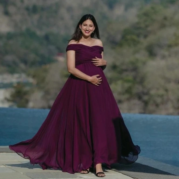 Plum Layered Ruched Off-Shoulder Maternity Gown