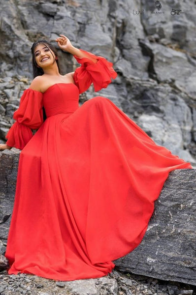 Red Off-Shoulder Balloon Sleeves Trail Gown