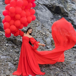 Red Off-Shoulder Balloon Sleeves Trail Gown