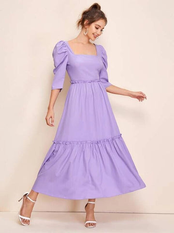 Lavender Square Neck Gigot Sleeve Frill Detail Flare Dress