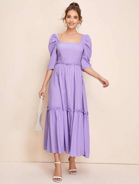 Lavender Square Neck Gigot Sleeve Frill Detail Flare Dress