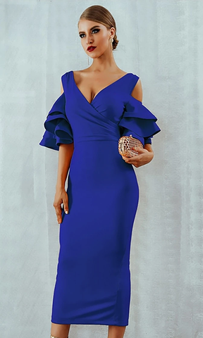 Electric Blue Cold Shoulder Ruffle Bodycon Dress