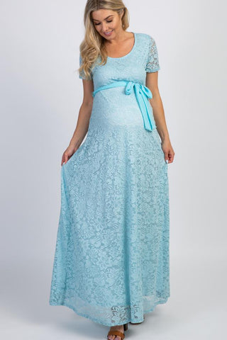 Light Blue Lace Sash Tie Maternity Gown