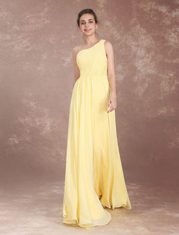 Yellow One Shoulder Ruched Back Cut-Out Maxi