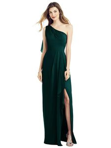 Bottle Green One Shoulder Drape Slit Dress