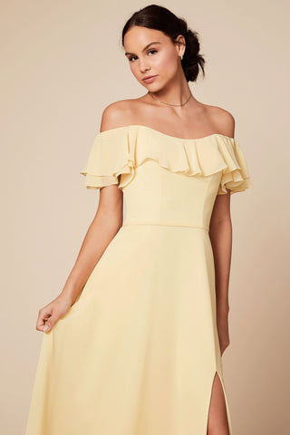 Pastel Yellow Off-Shoulder Frill Maxi