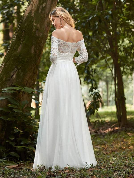 White Off-Shoulder Lace Formal Evening Gown