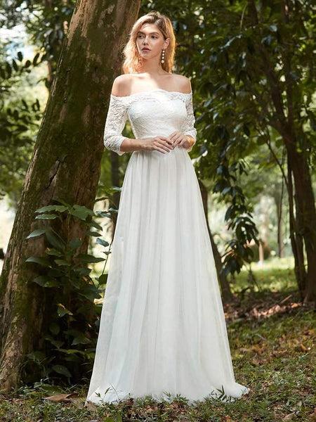 White Off-Shoulder Lace Formal Evening Gown