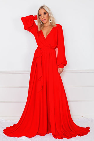 Red V Neck Overlap Balloon Sleeves Extra Flared Gown