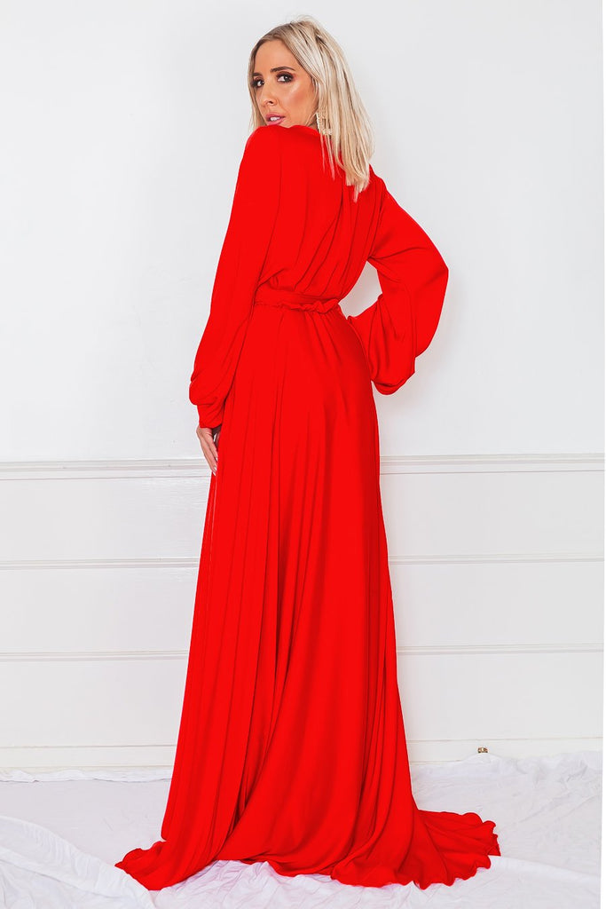 Red Georgette Maxi Dress With Balloon Sleeves