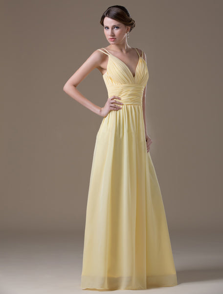 Yellow Double Spaghetti Straps Ruched Maxi