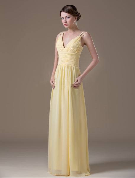 Yellow Double Spaghetti Straps Ruched Maxi