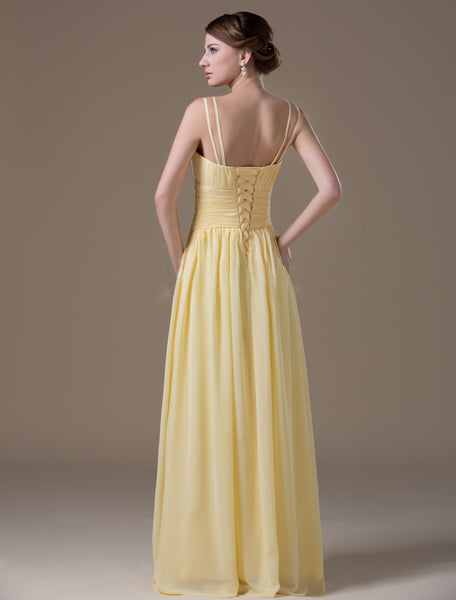 Yellow Double Spaghetti Straps Ruched Maxi