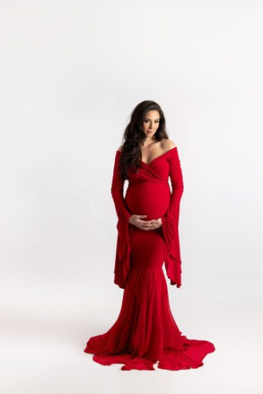 Red Off-Shoulder Bell Sleeves Maternity Gown