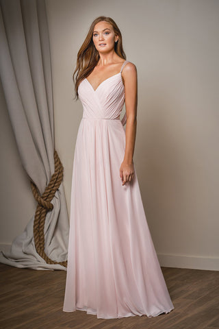 Light Pink V Neck Bridesmaid Dress With Ruching