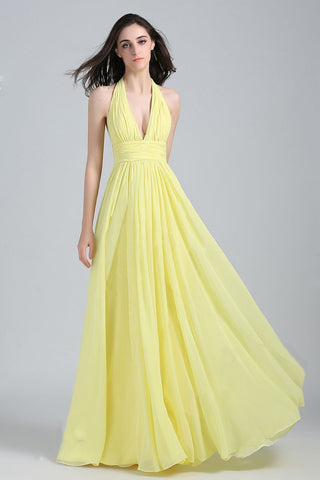 Yellow Plunge Neck Ruched Halter Maxi