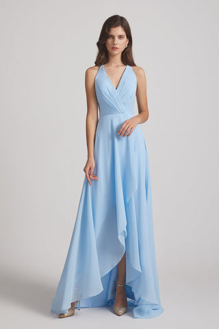 Sky Blue V-Neck Sleeveless Criss-Cross Back Asymmetrical Hi-Lo Maxi