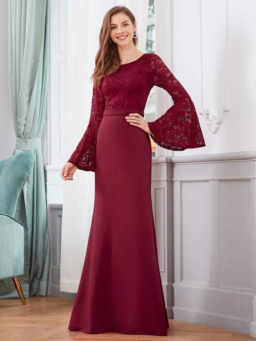 Maroon Wine Lace Sleeves Prom Dress