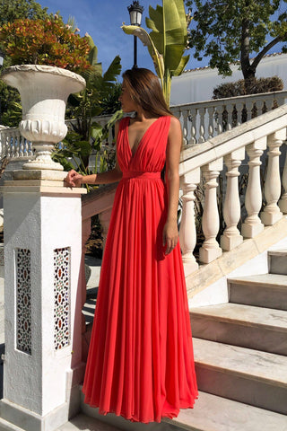 Coral V Neck Ruched Backless Maxi