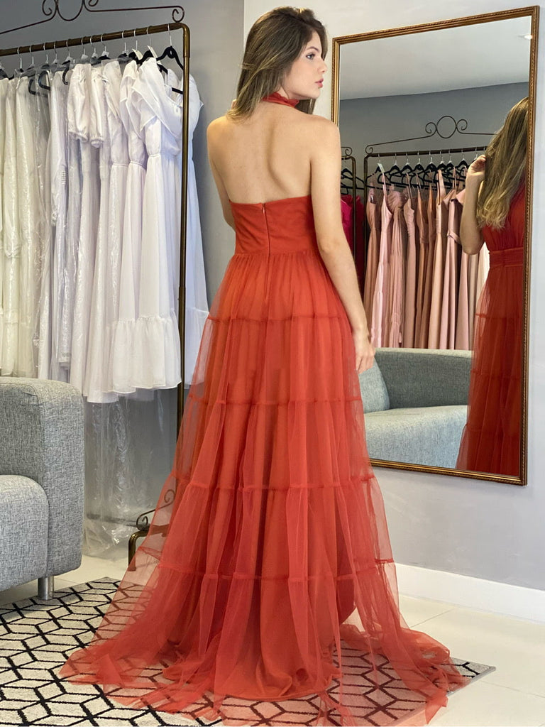 Rust Orange Halter Neck Tulle Maxi Gown – ShObO